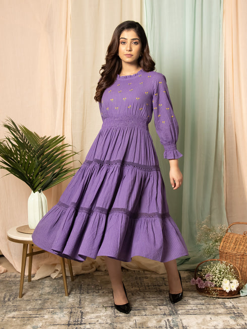 AAHELI RADIANT MEADOWS PURPLE COTTON KANTHA TIERED DRESS AAHELI RADIANT MEADOWS PURPLE COTTON KANTHA TIERED DRESS